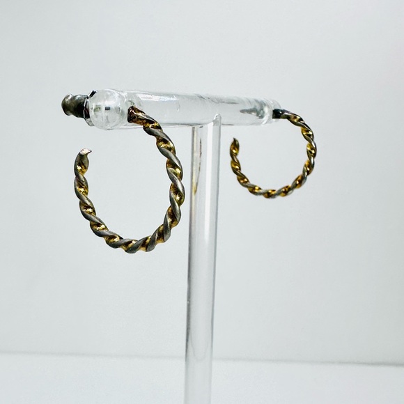Two Tone Golden Silver Twisted Hoop Earrings 0.8” - Picture 2 of 4